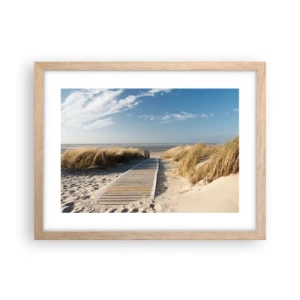 Plakat i ramme af lyst egetræ - Bag klitten, i græssets summen - 40x30 cm