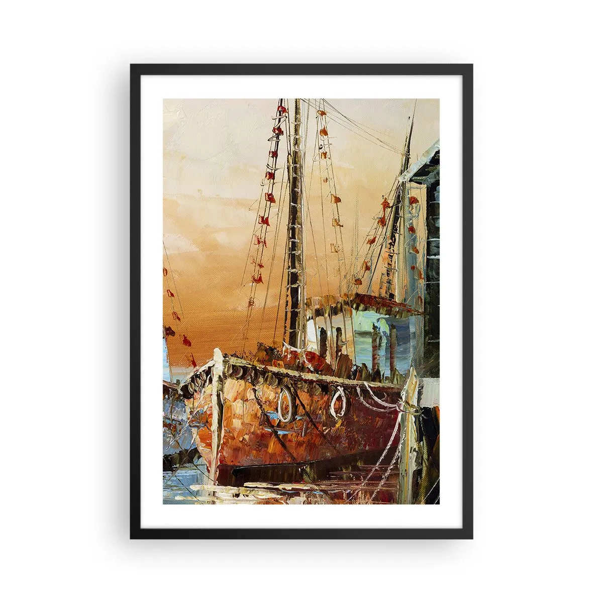 Plakat i sort ramme - Et sejlskib mod en baggrund af den nedgående sol - 50x70cm - Fredelig tilbagevenden - Moderne vægdekoration til stue og soveværelse ARTTOR