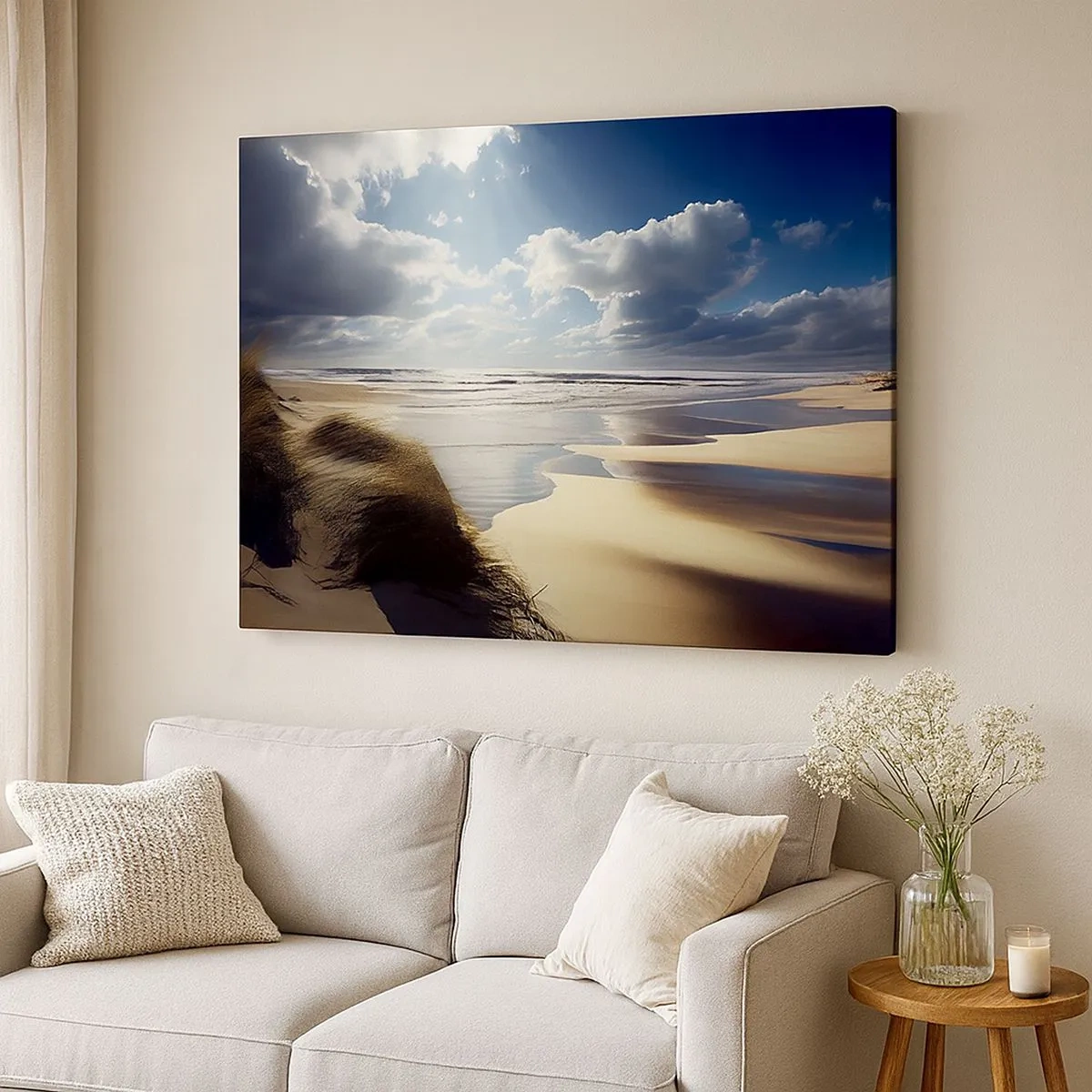 Lærredstryk - Billede på lærred - En vild strand med klitter og blå himmel - 70x50cm - Strand, vild strand - Moderne vægdekoration til stue og soveværelse ARTTOR