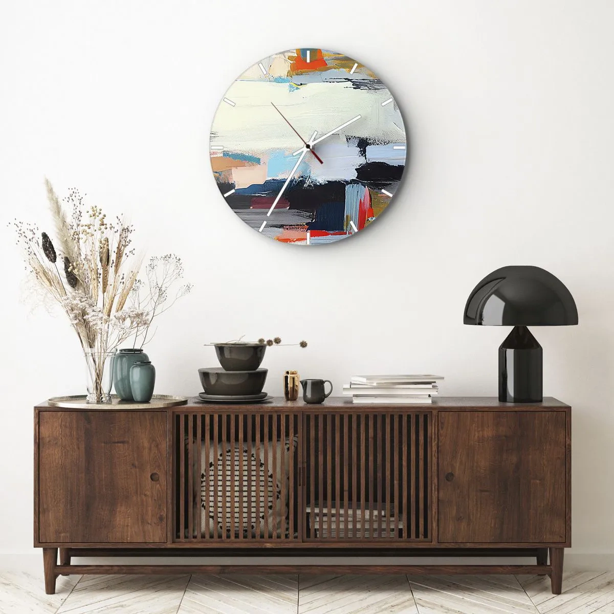 Vægur, Uret - En abstrakt komposition af farverige pletter og geometriske striber. - 30x30cm - Er der en metode? - Moderne vægdekoration til stue, køkken og soveværelse ARTTOR