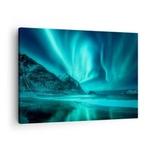 Lærredstryk - Billede på lærred - Aurora Borealis over et bjergrigt vinterlandskab - 70x50cm - Nordens vidundere - Moderne vægdekoration til stue og soveværelse ARTTOR