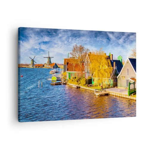 Lærredstryk - Billede på lærred - Maleriske huse og vindmøller ved vandet - 70x50cm - Uændret i århundreder - Moderne vægdekoration til stue og soveværelse ARTTOR