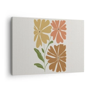 Lærredstryk - Billede på lærred - Tre blomster i varme farver på en lys baggrund - 70x50cm - Natur og geometri - Moderne vægdekoration til stue og soveværelse ARTTOR