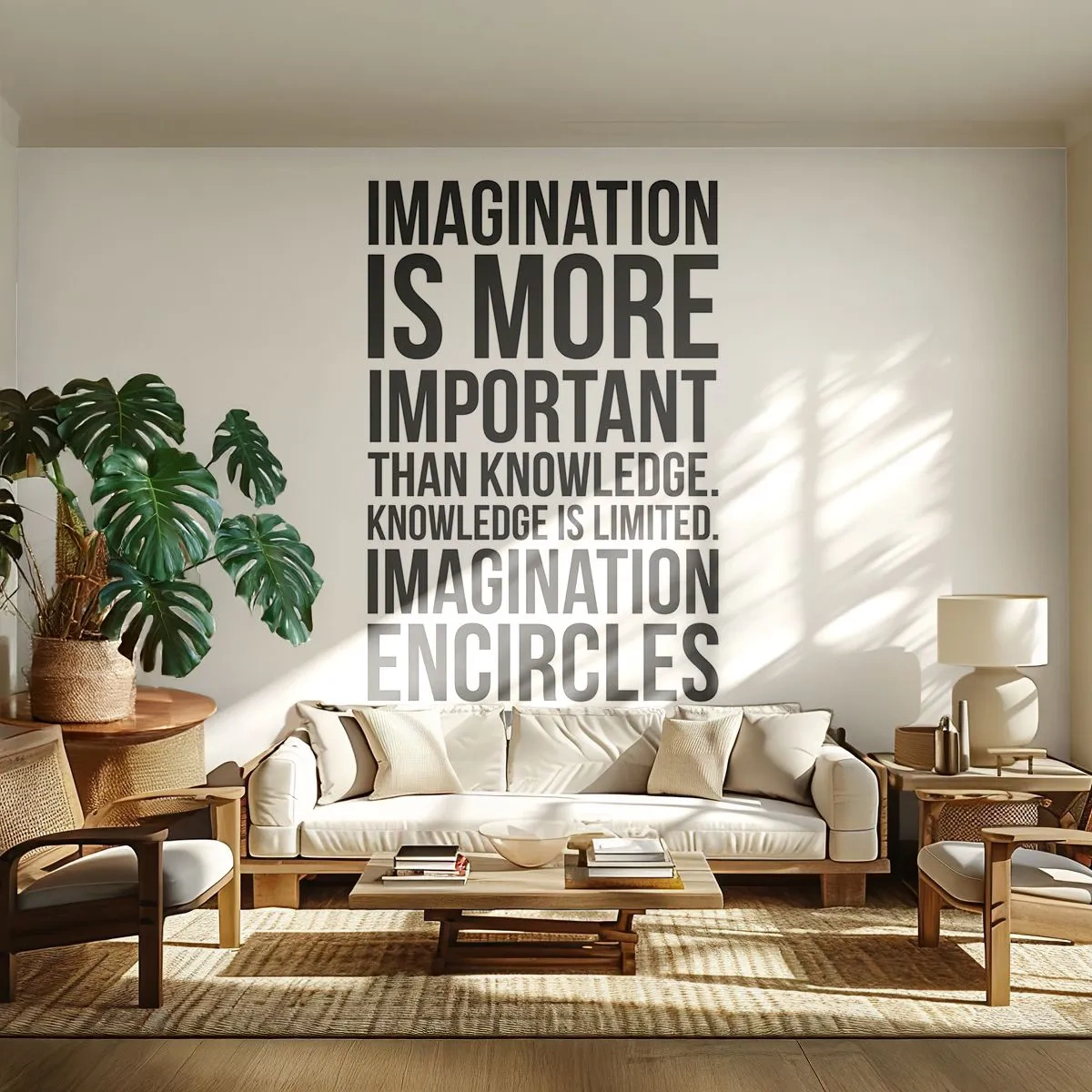 Fototapet Premium Sand - Einstein om fantasiens kraft - Typografi, Bekræftelse, Maxim - 100x70 cm