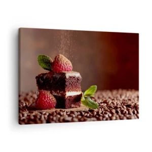 Lærredstryk - Billede på lærred - Chokoladekage med hindbær og mynte på en baggrund af kakaobønner - 70x50cm - Livet er sødt - Moderne vægdekoration til stue og soveværelse ARTTOR