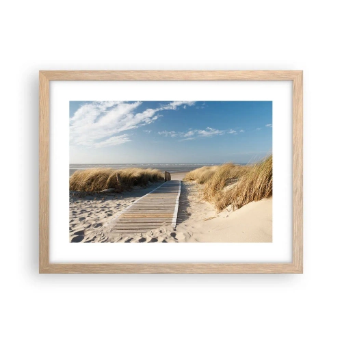 Plakat i ramme af lyst egetræ - Bag klitten, i græssets summen - 40x30 cm