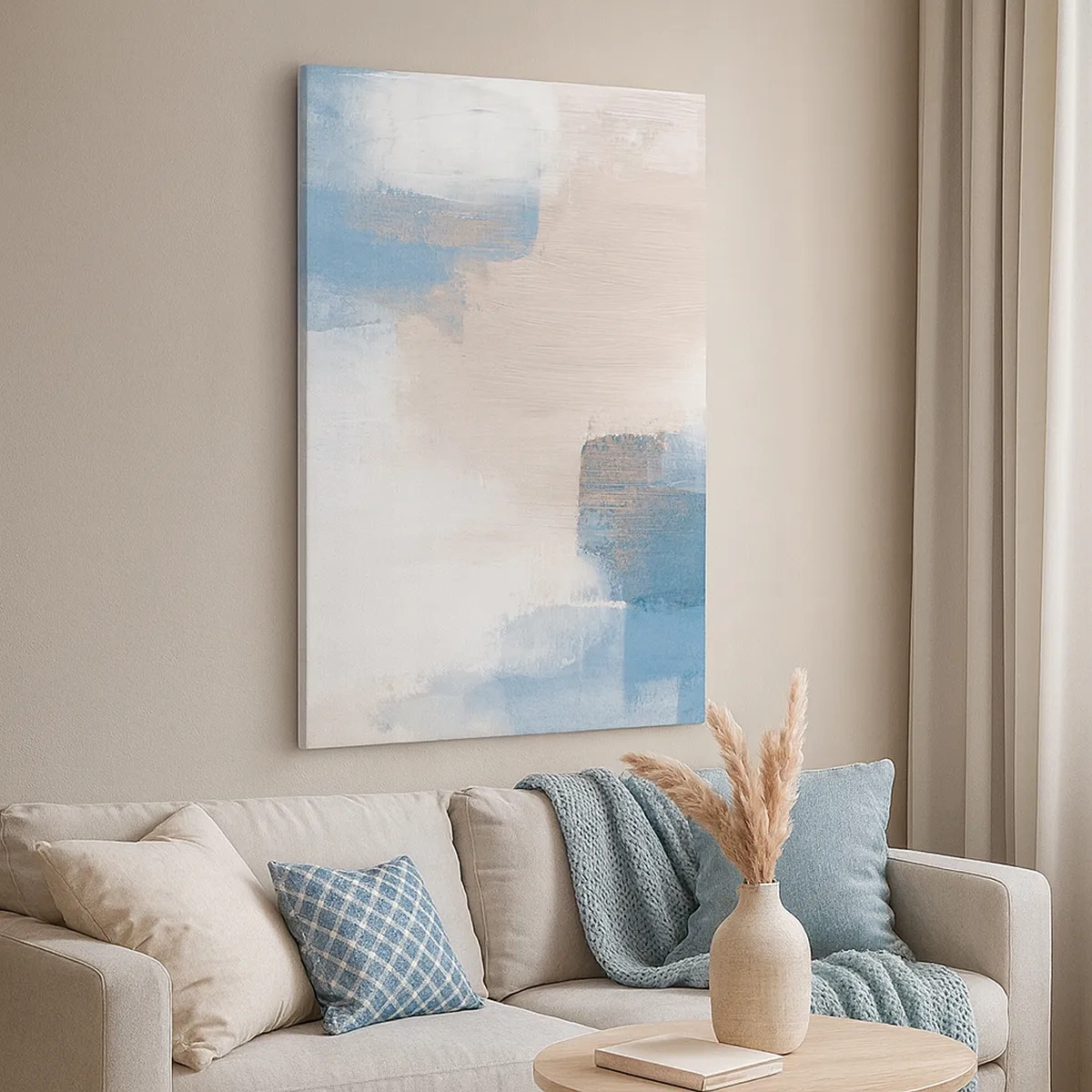 Lærredstryk - Billede på lærred - Lyserød abstraktion bag et slør af blåt - 50x70 cm