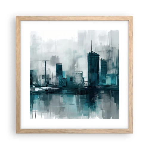 Plakat i ramme af lyst egetræ - Regnfarvet by - 40x40 cm