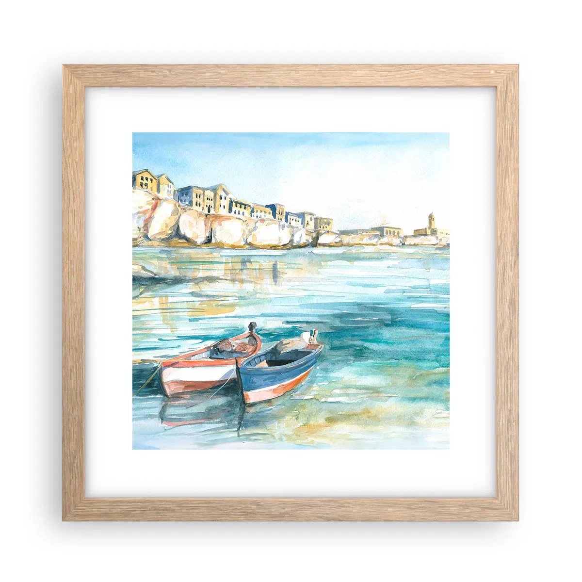 Plakat i ramme af lyst egetræ - Landskab i azurblå - 30x30 cm