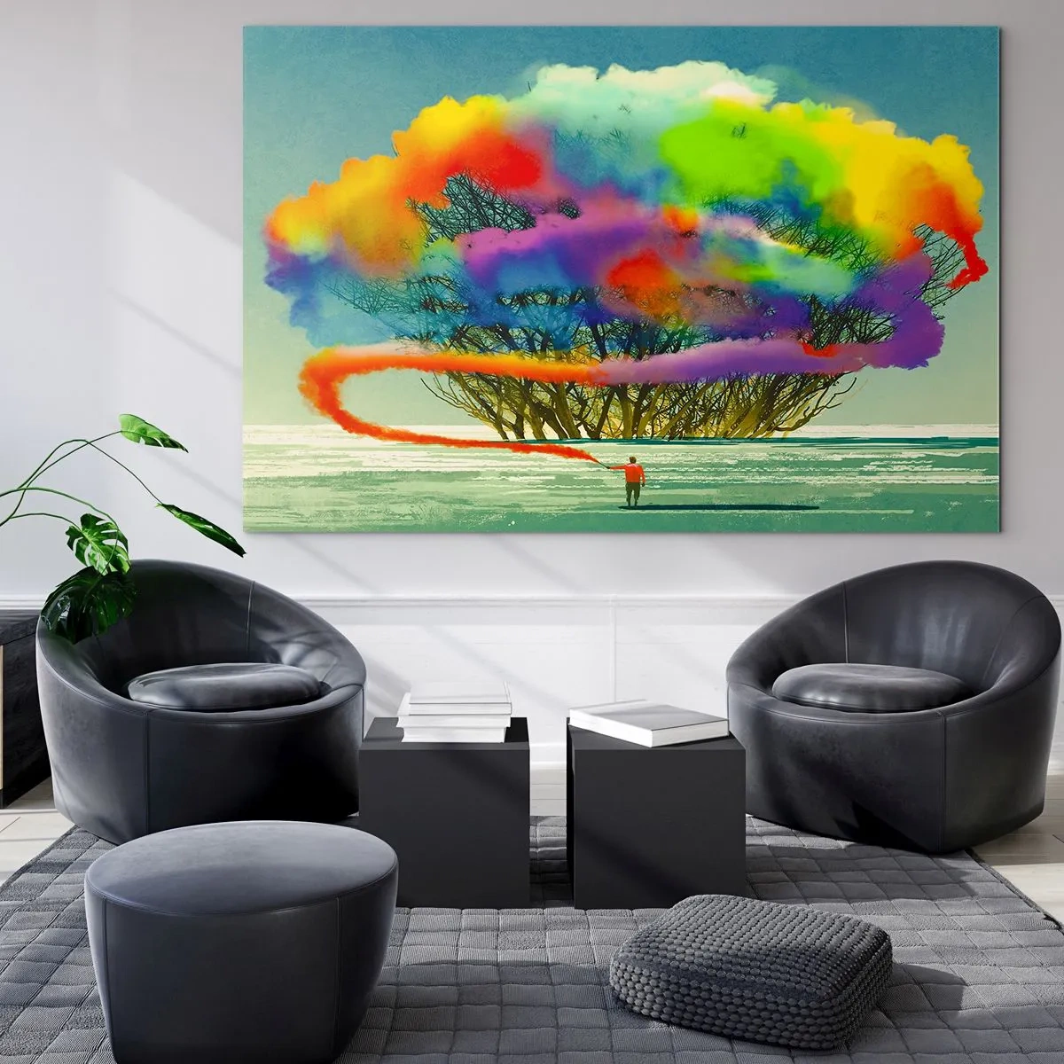 Billede på glas - En farverig eksplosion af røg mod baggrunden af et ensomt træ. - 70x50cm - Giv liv til denne verden - Moderne vægdekoration til stue og soveværelse ARTTOR