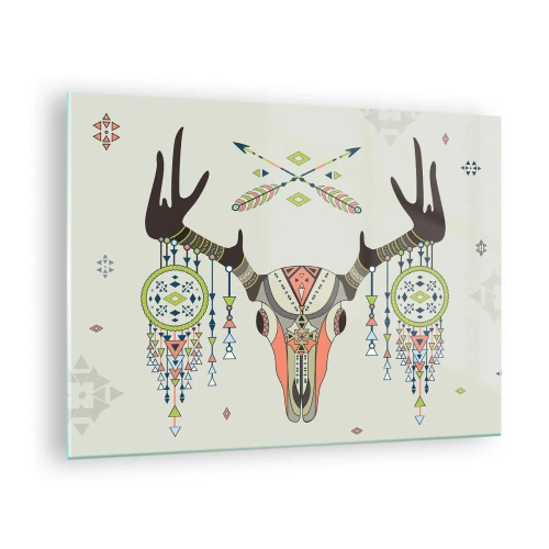 Billede på glas - Symbolske horn og indianske mønstre på en lys baggrund - 70x50cm - Indiansk jægers trofæ - Moderne vægdekoration til stue og soveværelse ARTTOR
