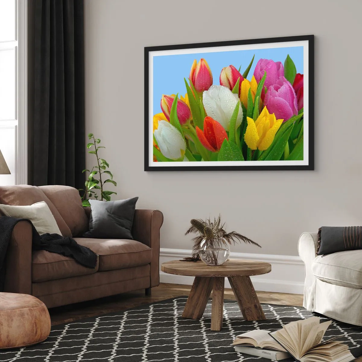 Plakat i sort ramme - En blomstret regnbue i dugdråber - 100x70 cm