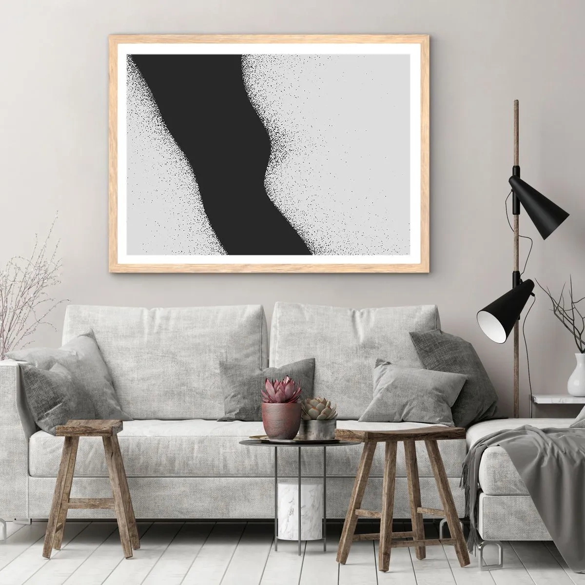 Plakat i ramme af lyst egetræ - Flydende balance - 100x70 cm