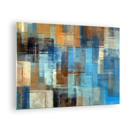 Billede på glas - Abstrakt geometrisk komposition i nuancer af blå og brun - 70x50cm - Gennem det blå slør - Moderne vægdekoration til stue og soveværelse ARTTOR