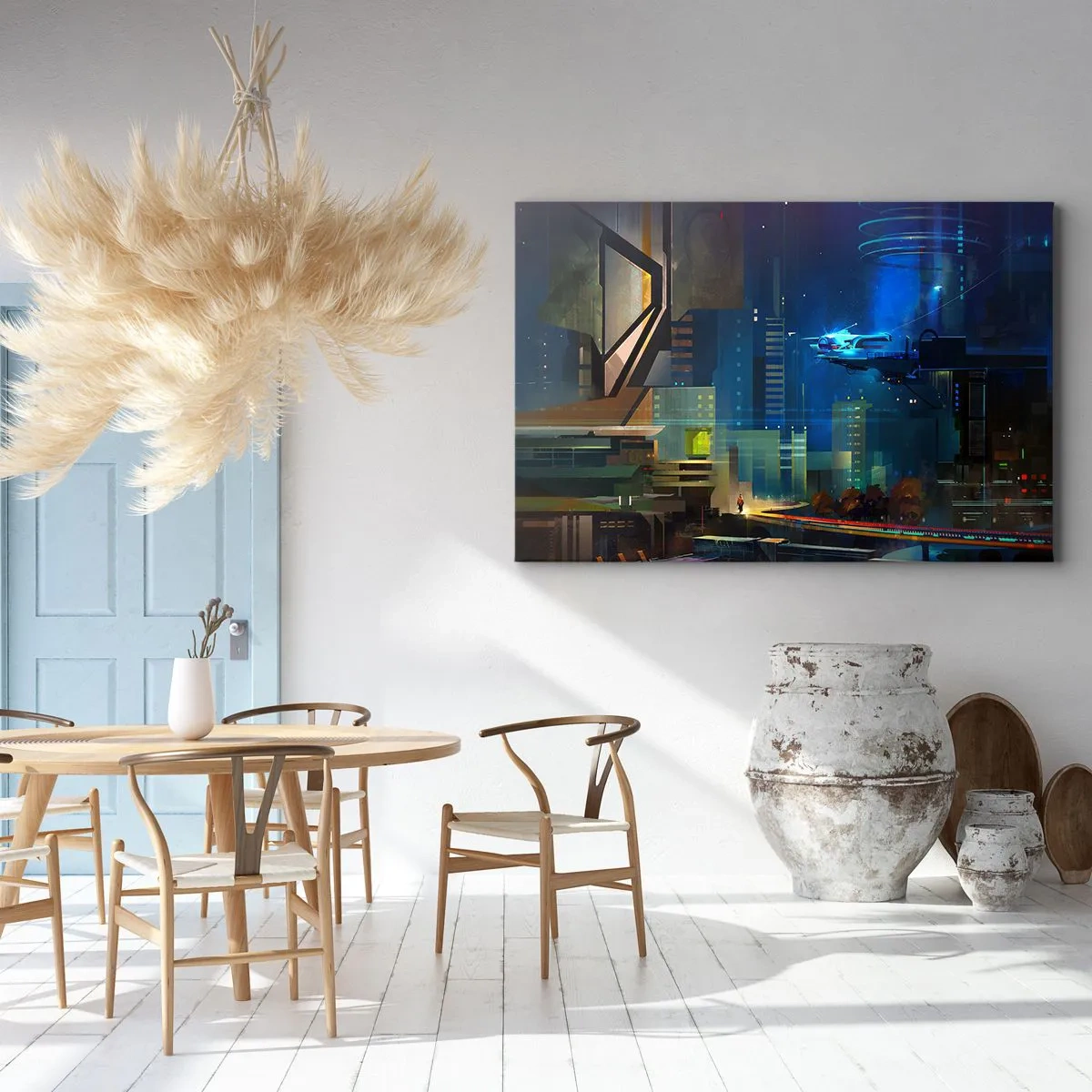 Lærredstryk - Billede på lærred - Futuristisk by om natten med neonlys og et flyvende køretøj - 70x50cm - I den nærmeste fremtid - Moderne vægdekoration til stue og soveværelse ARTTOR