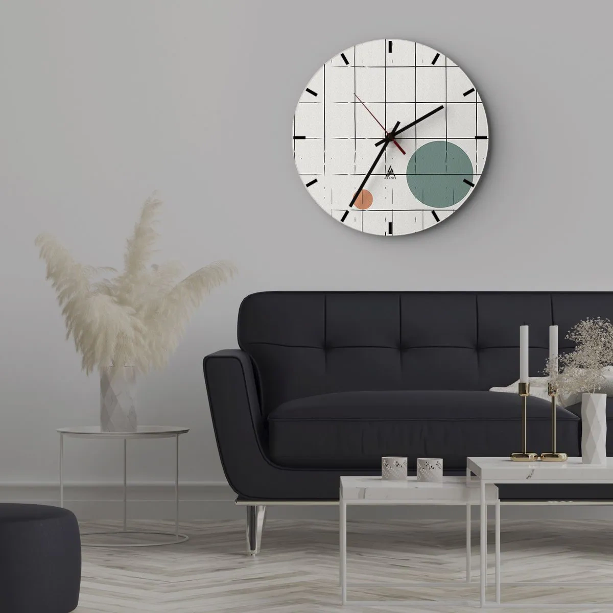 Vægur, Uret - Et gitter af lodrette og vandrette linjer med farvede cirkler på baggrunden - 30x30cm - Fanget i en fælde. Os eller dem? - Moderne vægdekoration til stue, køkken og soveværelse ARTTOR
