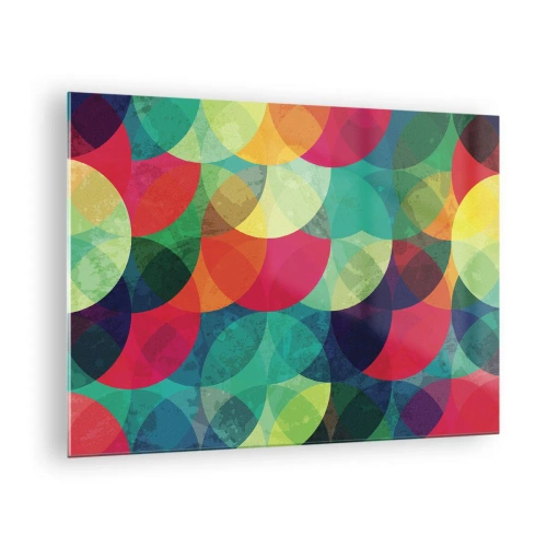 Billede på glas - Farverige, overlappende halvcirkler i en intens farvepalet - 70x50cm - Ind i regnbuens opstigning - Moderne vægdekoration til stue og soveværelse ARTTOR