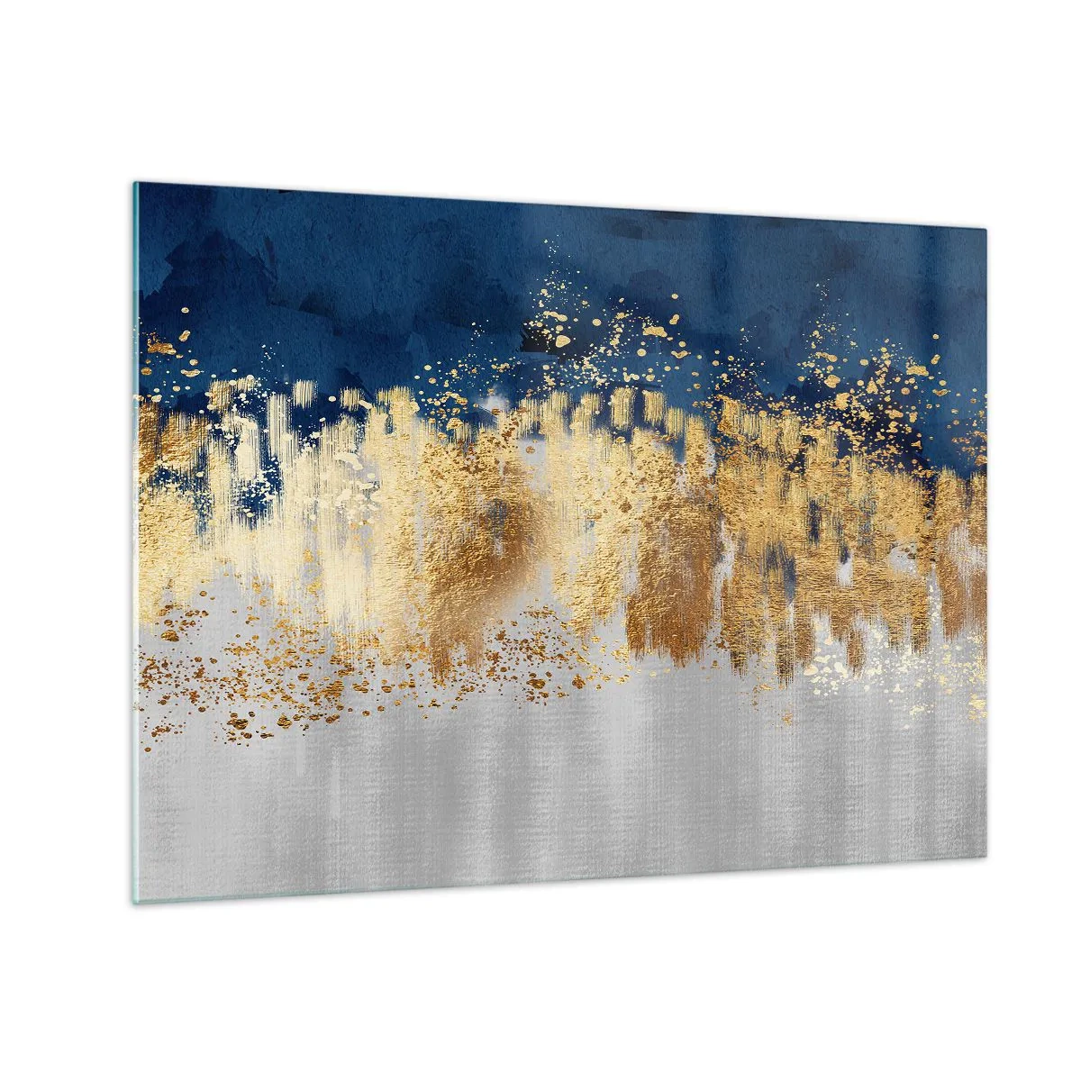 Billede på glas - Gulddetaljer på en marineblå og sølv baggrund - 70x50cm - Moderne komposition med gnist - Moderne vægdekoration til stue og soveværelse ARTTOR