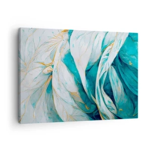 Lærredstryk - Billede på lærred - Abstrakte blå blade med gulddetaljer - 70x50cm - Blå abstraktion med et guldmotiv - Moderne vægdekoration til stue og soveværelse ARTTOR