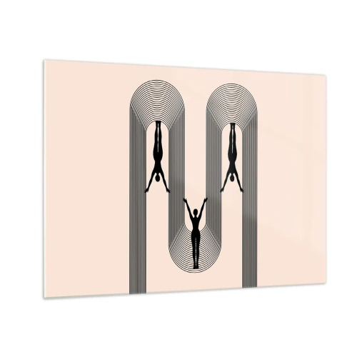 Billede på glas - Sorte silhuetter af figurer ophængt i rytmiske buer - 70x50cm - På hovedet nedad - Moderne vægdekoration til stue og soveværelse ARTTOR