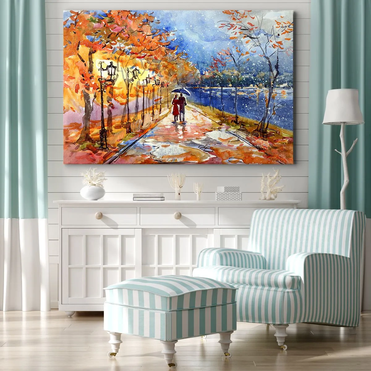 Lærredstryk - Billede på lærred - En efterårstur i parken ved flodbredden under en paraply - 70x50cm - Sammen indtil tidsfristen - Moderne vægdekoration til stue og soveværelse ARTTOR