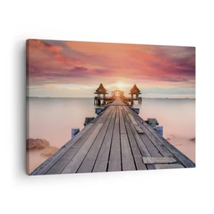 Lærredstryk - Billede på lærred - Træmole, der fører til pavilloner ved solnedgang - 70x50cm - Fra vest til øst - Moderne vægdekoration til stue og soveværelse ARTTOR