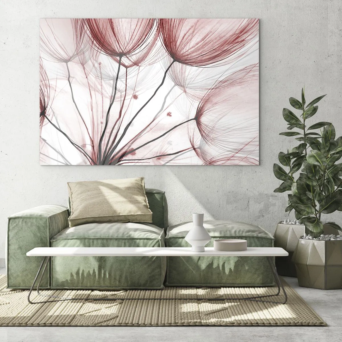 Billede på glas - Diskrete mælkebøtter i nuancer af lyserød og sort - 70x50cm - Før afgang - Moderne vægdekoration til stue og soveværelse ARTTOR