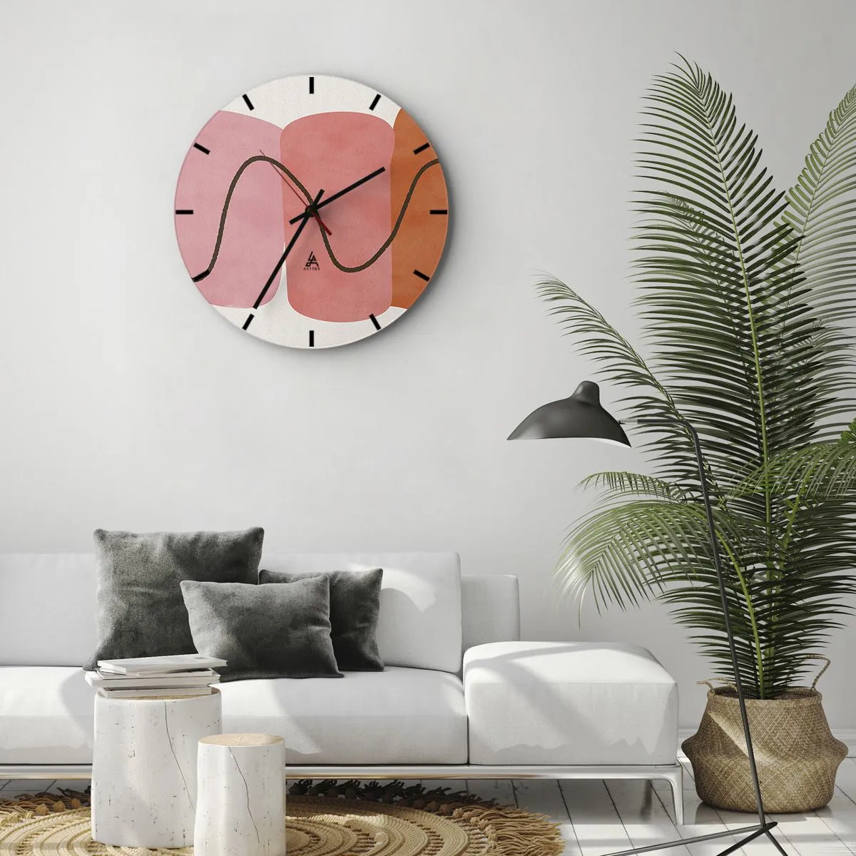 Vægur, Uret - Abstrakte former i nuancer af lyserød og orange med bølgede linjer - 30x30cm - Formernes blide bevægelse - Moderne vægdekoration til stue, køkken og soveværelse ARTTOR
