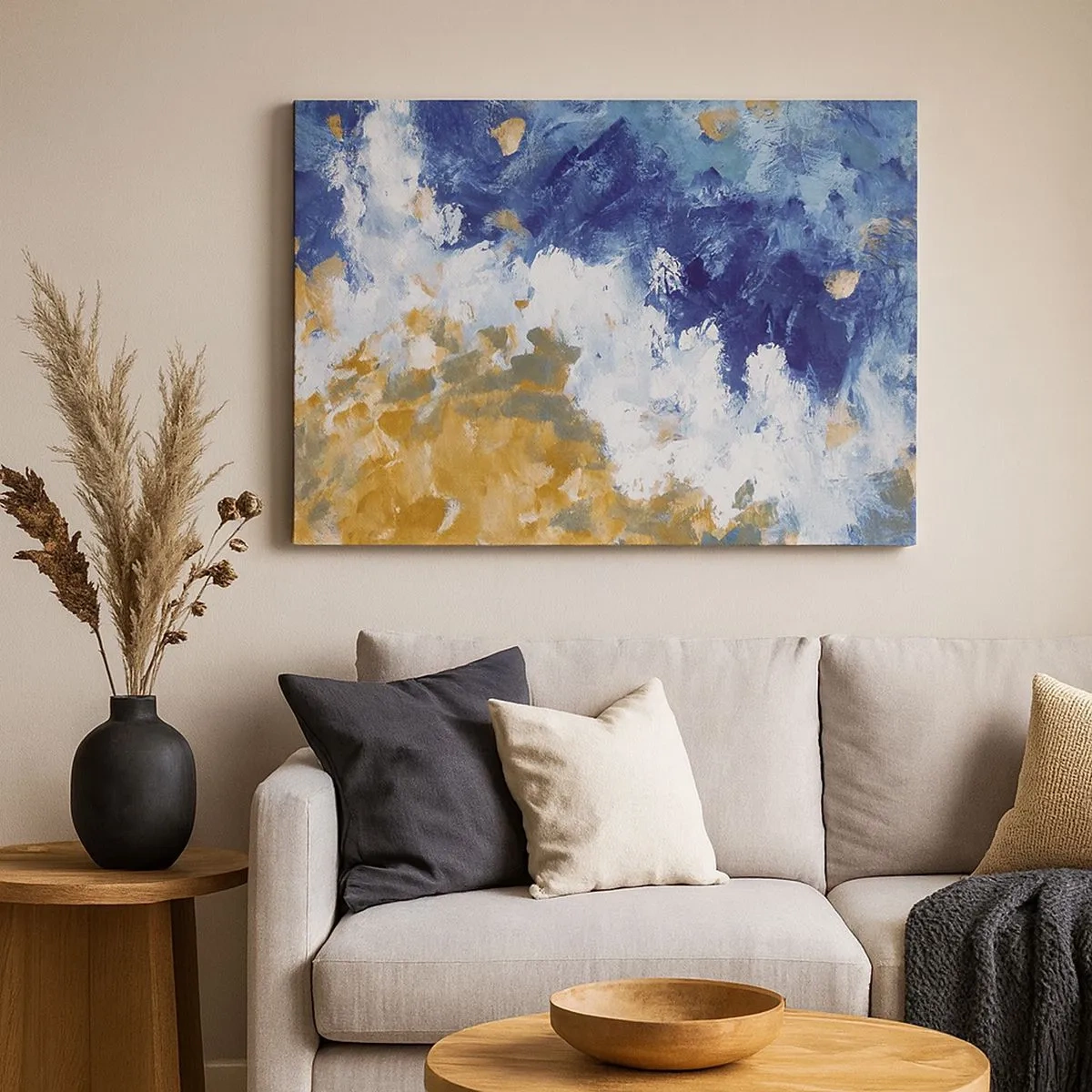 Lærredstryk - Billede på lærred - Abstraktion i nuancer af blå, hvid og guld - 70x50cm - Elementernes dans - Moderne vægdekoration til stue og soveværelse ARTTOR