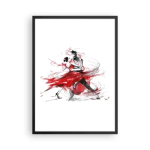Plakat i sort ramme - Et par, der danser tango med dynamiske røde accenter - 50x70cm - Tango - passionens rytme - Moderne vægdekoration til stue og soveværelse ARTTOR