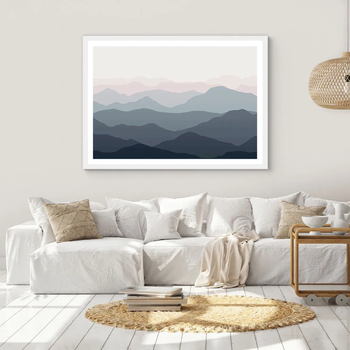 Plakat i hvid ramme - Bølger af bjerge - 100x70 cm
