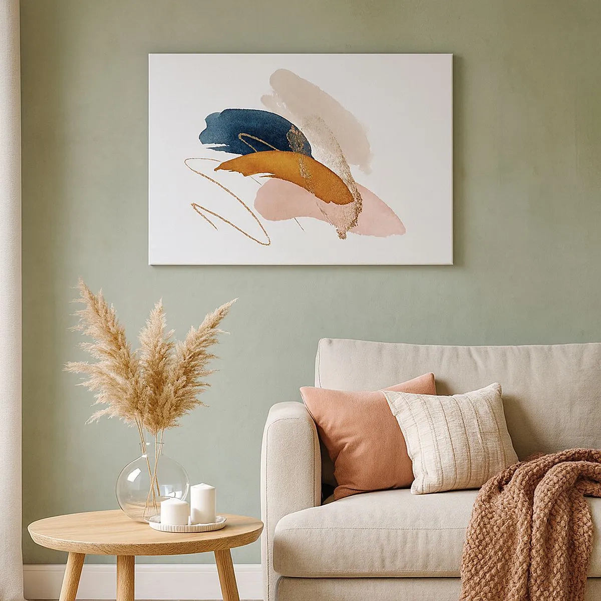 Lærredstryk - Billede på lærred - Abstrakte streger i pastelfarver med gulddetaljer - 70x50cm - Bevinget sammensætning - Moderne vægdekoration til stue og soveværelse ARTTOR