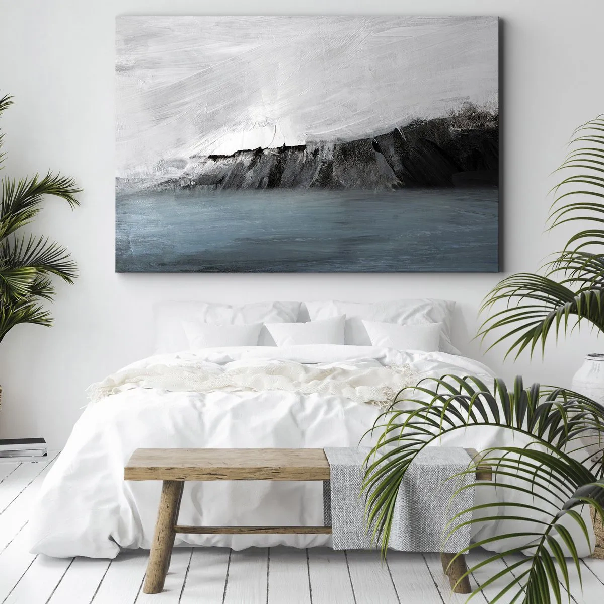 Lærredstryk - Billede på lærred - Abstrakt landskab med vand og en klippefyldt kyst - 70x50cm - Vand - jord: et sammenstød mellem elementerne - Moderne vægdekoration til stue og soveværelse ARTTOR