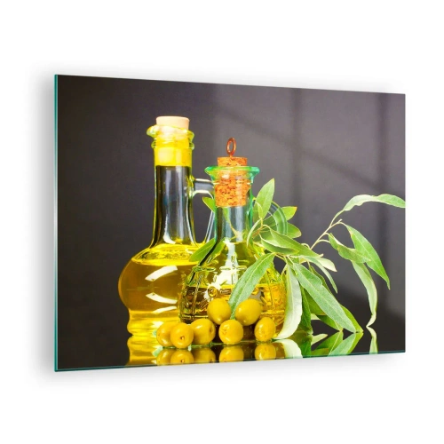 Billede på glas - Flasker med olivenolie og en gren med oliven i baggrunden - 70x50cm - Stilleben med oliven og olie - Moderne vægdekoration til stue og soveværelse ARTTOR