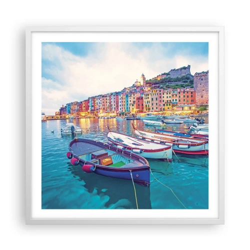 Plakat i hvid ramme - En farverig aften i havnen - 60x60 cm