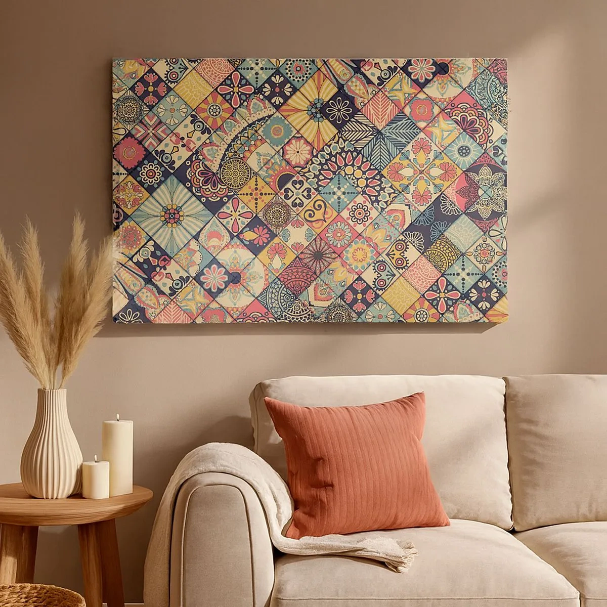 Lærredstryk - Billede på lærred - Farverige geometriske mønstre inspireret af marokkansk stil - 70x50cm - Marokkansk stemning - Moderne vægdekoration til stue og soveværelse ARTTOR