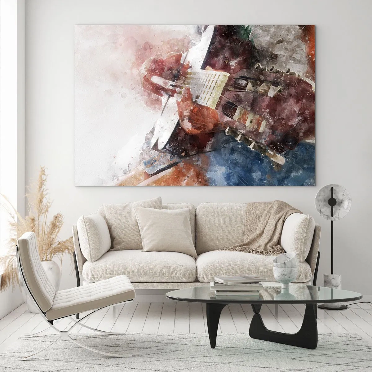 Billede på glas - Et akvarelmaleri af en kunstnerisk guitarist - 70x50cm - Og hvad synes du? - Moderne vægdekoration til stue og soveværelse ARTTOR