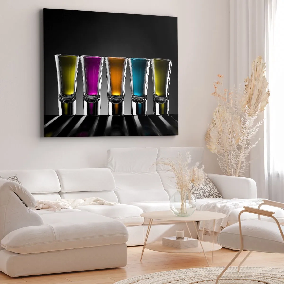 Lærredstryk - Billede på lærred - Farverige briller på en sort baggrund - 70x50cm - Glædens farver - Moderne vægdekoration til stue og soveværelse ARTTOR