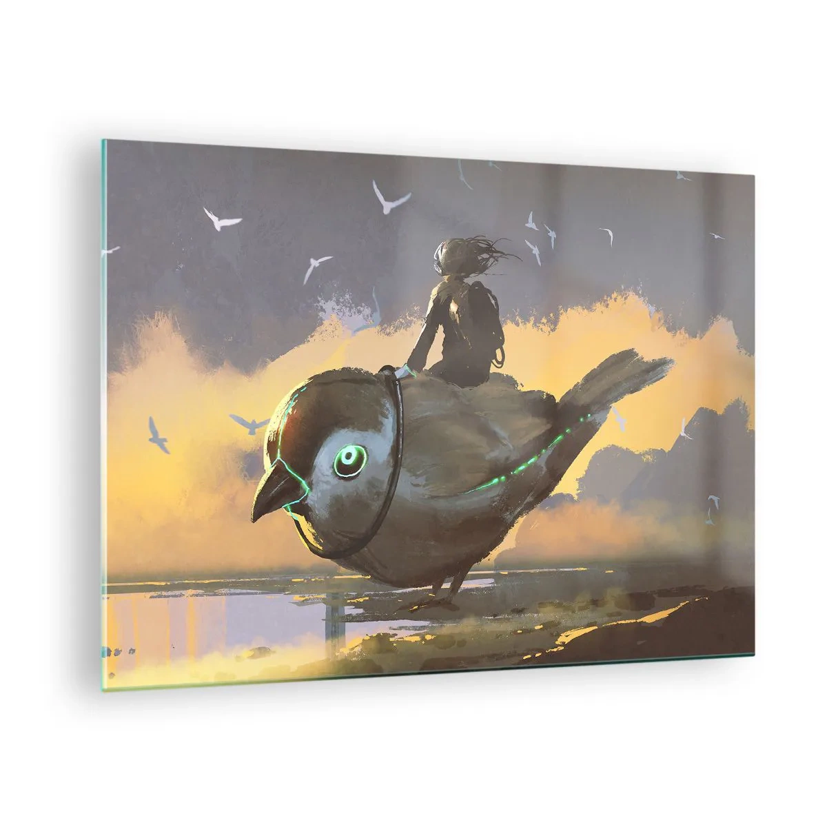 Billede på glas - En figur på en kæmpe fugl i lyset af den nedgående sol - 70x50cm - Et stop på en fantastisk rejse - Moderne vægdekoration til stue og soveværelse ARTTOR
