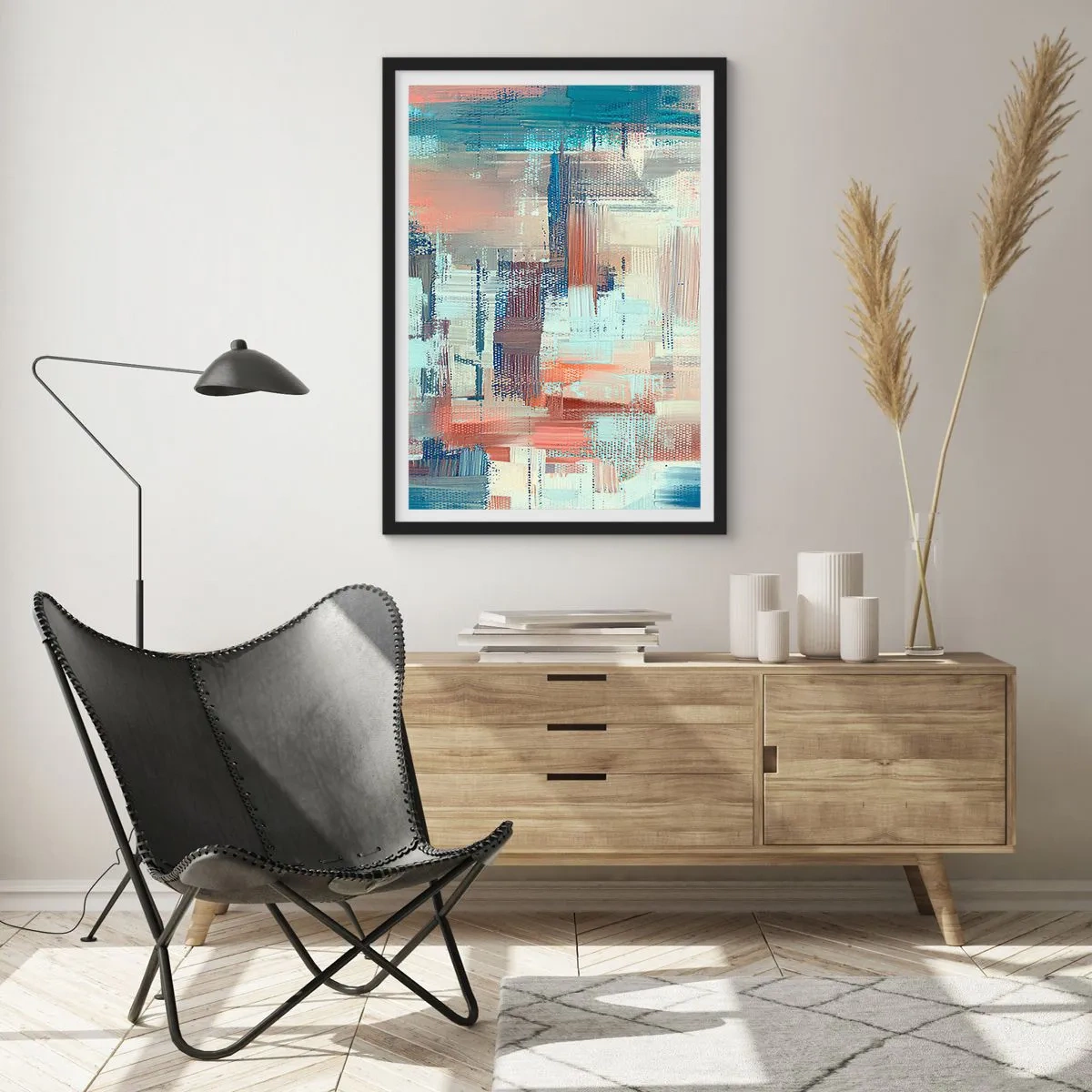 Plakat i sort ramme - En abstrakt komposition af penselstrøg i varme farver. - 50x70cm - At nå lyset - Moderne vægdekoration til stue og soveværelse ARTTOR
