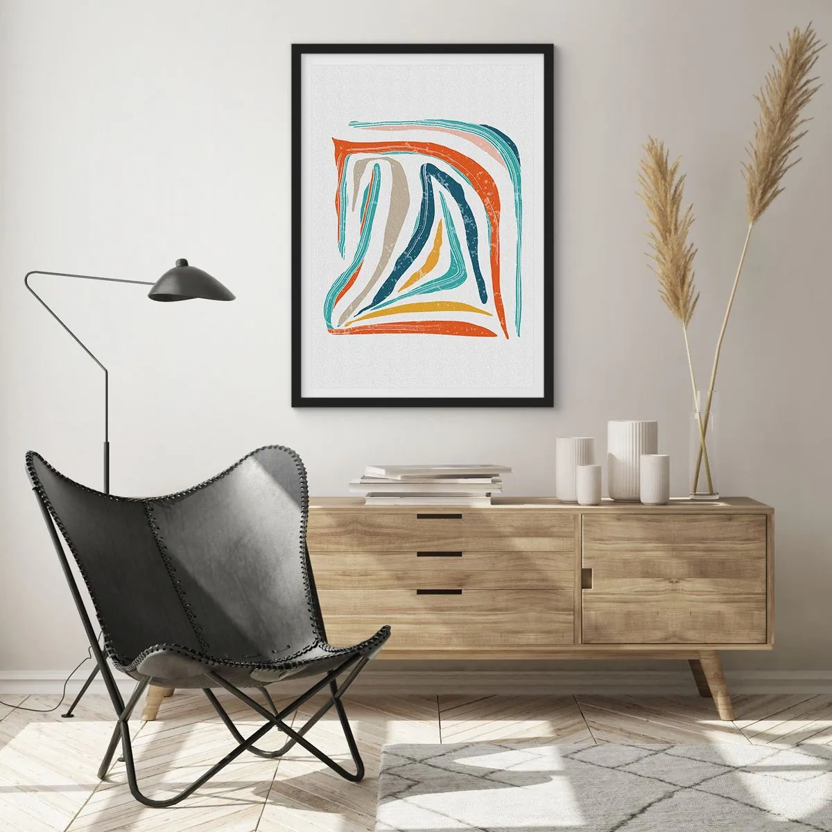 Plakat i sort ramme - Farverig abstraktion med organiske linjer - 50x70cm - Venligt smilende abstraktion - Moderne vægdekoration til stue og soveværelse ARTTOR
