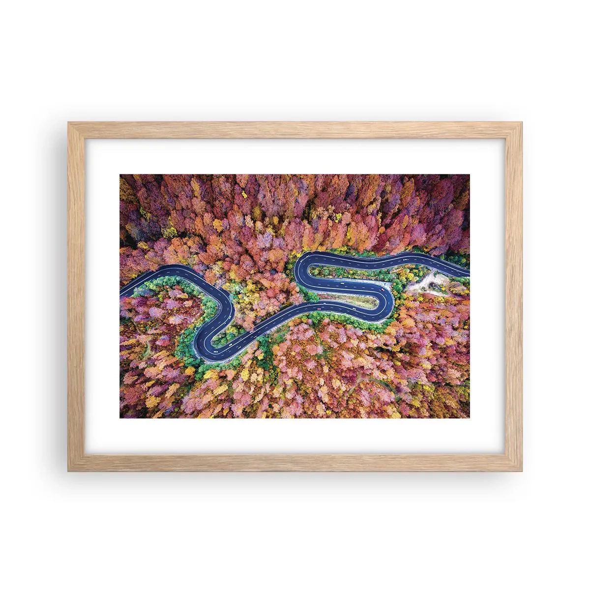 Plakat i ramme af lyst egetræ - En snoet vej gennem skoven - 40x30 cm
