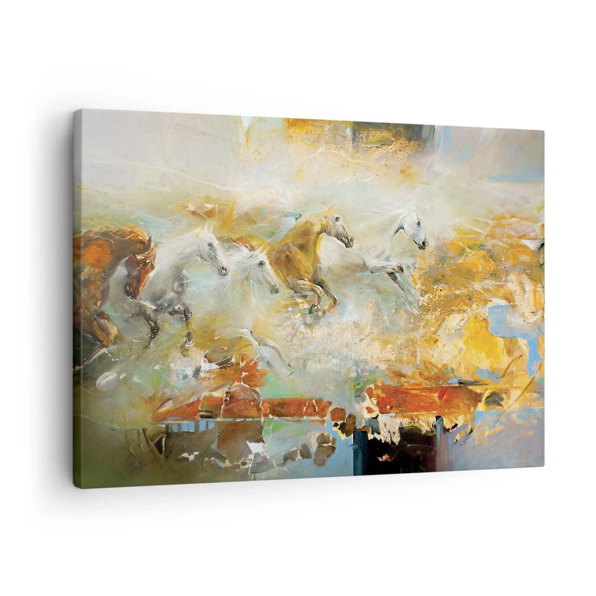 Lærredstryk - Billede på lærred - Kunstneriske heste i dynamiske og farverige omgivelser - 70x50cm - Galopperer gennem lyset - Moderne vægdekoration til stue og soveværelse ARTTOR