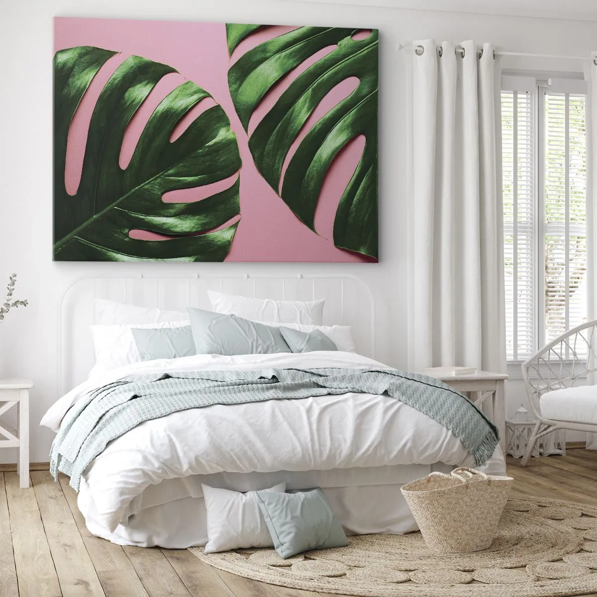 Lærredstryk - Billede på lærred - Grønne monsterablade på en lyserød baggrund - 70x50cm - Grønt rendez-vous - Moderne vægdekoration til stue og soveværelse ARTTOR
