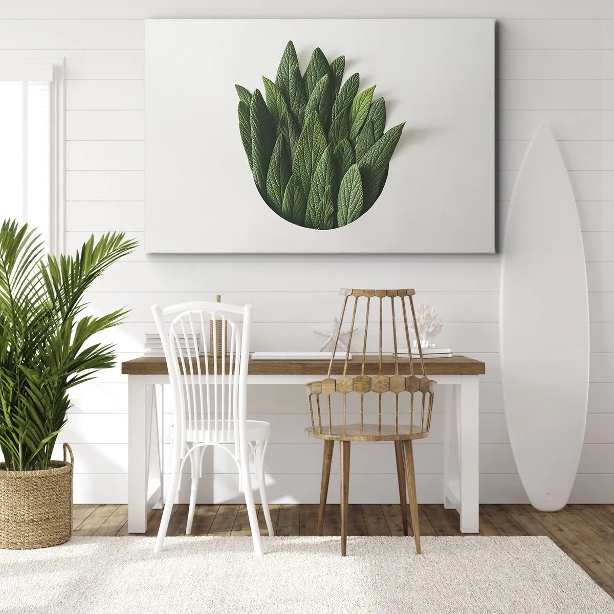 Lærredstryk - Billede på lærred - En komposition af grønne blade på en lys baggrund - 70x50cm - Uhæmmet nysgerrighed - Moderne vægdekoration til stue og soveværelse ARTTOR