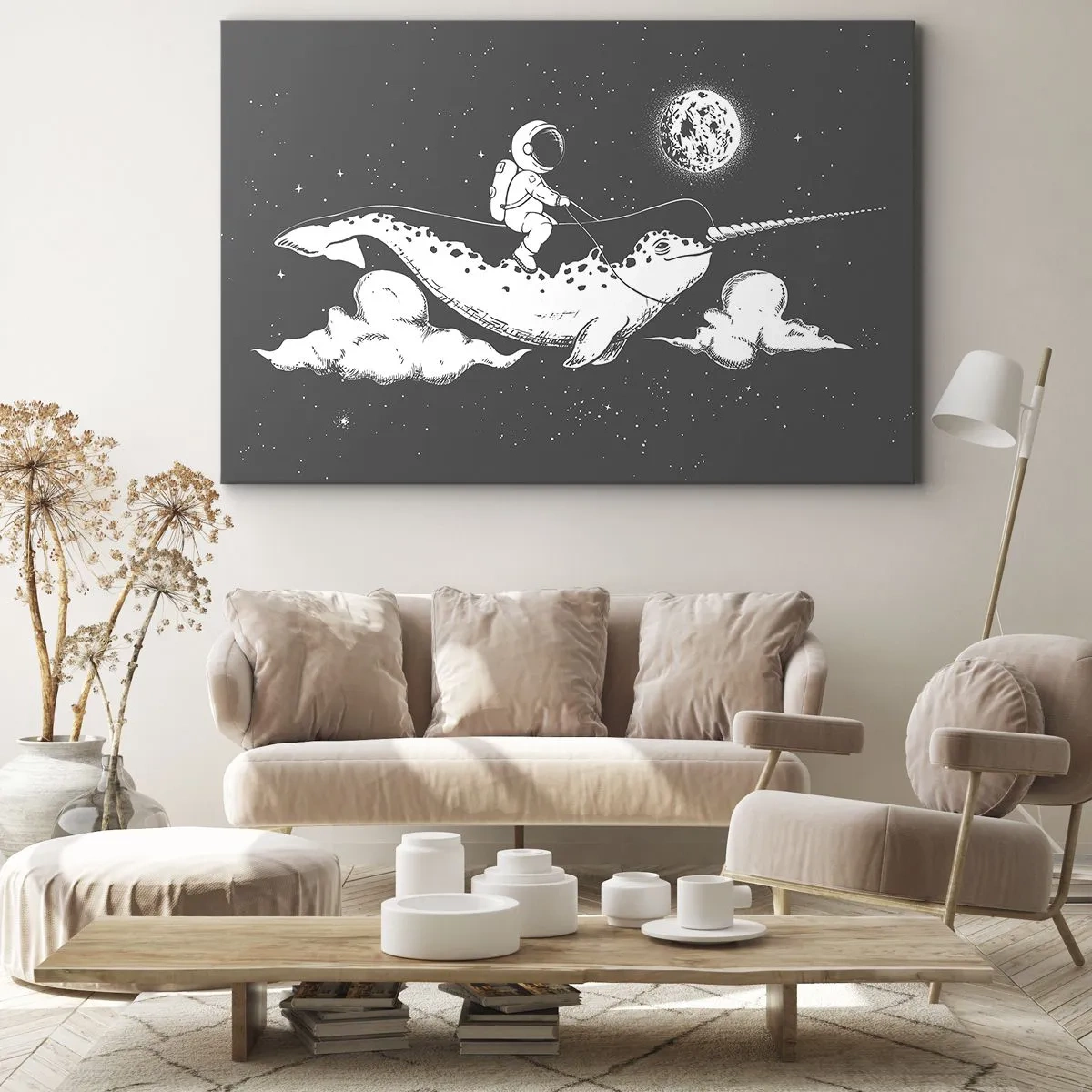 Lærredstryk - Billede på lærred - En astronaut på ryggen af en narhval, der svæver i et rumscene. - 70x50cm - Rumrytter - Moderne vægdekoration til stue og soveværelse ARTTOR