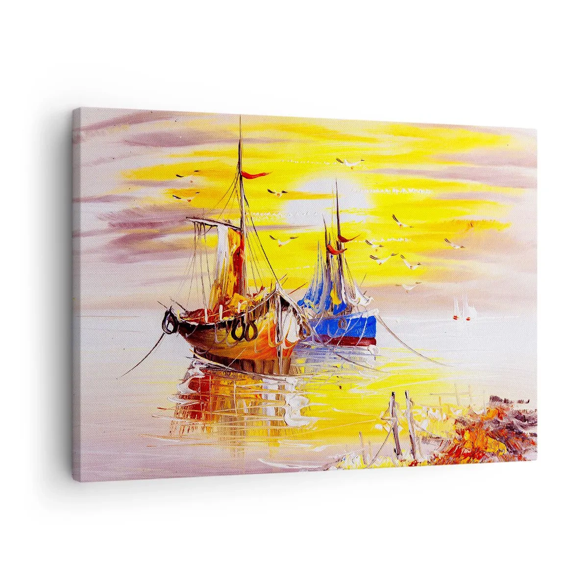 Lærredstryk - Billede på lærred - En malerisk scene af både på et roligt hav - 70x50cm - Et velfortjent hvil i havnen - Moderne vægdekoration til stue og soveværelse ARTTOR