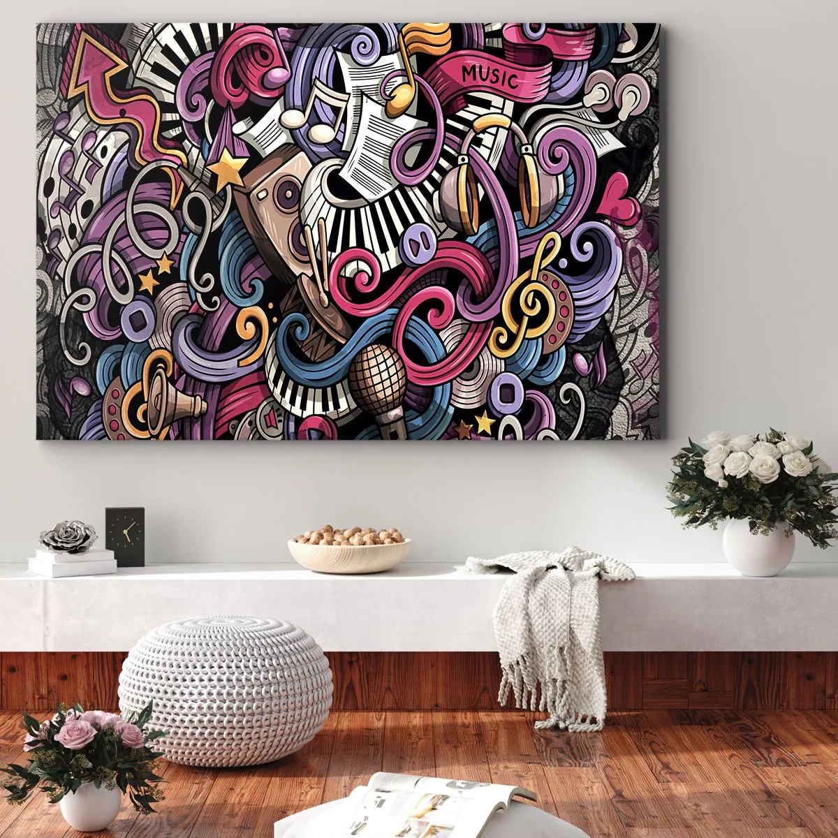 Lærredstryk - Billede på lærred - En musikalsk abstraktion fuld af farverige instrumenter og noder. - 70x50cm - Kompliceret melodi - Moderne vægdekoration til stue og soveværelse ARTTOR