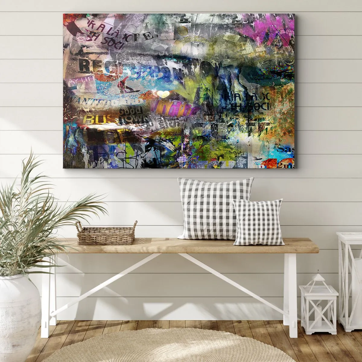 Lærredstryk - Billede på lærred - Abstrakt collage med tekst og forskellige farver - 70x50cm - En collage af minder - Moderne vægdekoration til stue og soveværelse ARTTOR