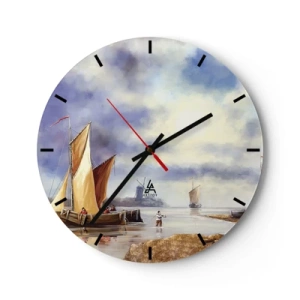 Vægur, Uret - Sejlbåde på roligt vand med udsigt til en vindmølle - 30x30cm - Sømændenes tilbagevenden - Moderne vægdekoration til stue, køkken og soveværelse ARTTOR